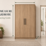 Wardrobe measurement guide showing height, width, depth, doorway and lift access checks