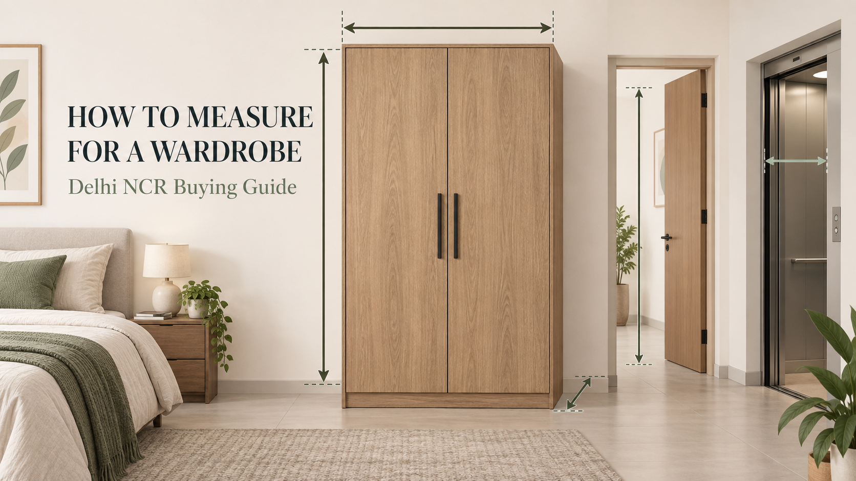 Wardrobe measurement guide showing height, width, depth, doorway and lift access checks